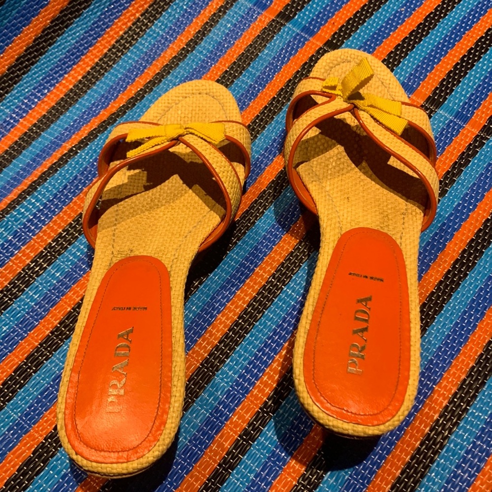 Prada womens sandals straw yellow bow size 40
